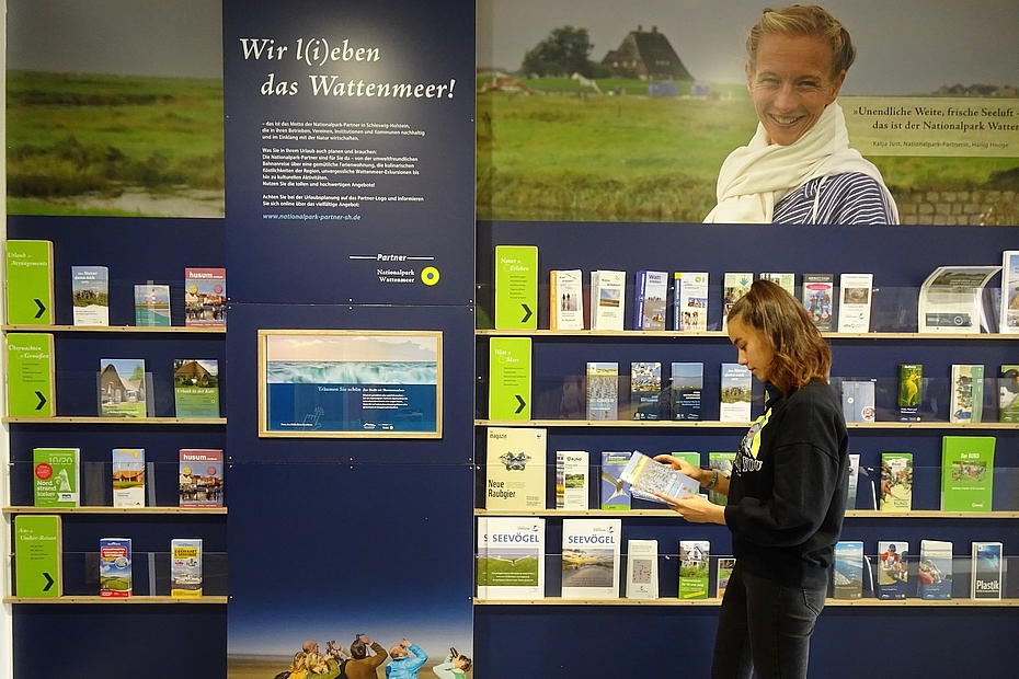 Gast schaut Flyer vor Flyerwand an